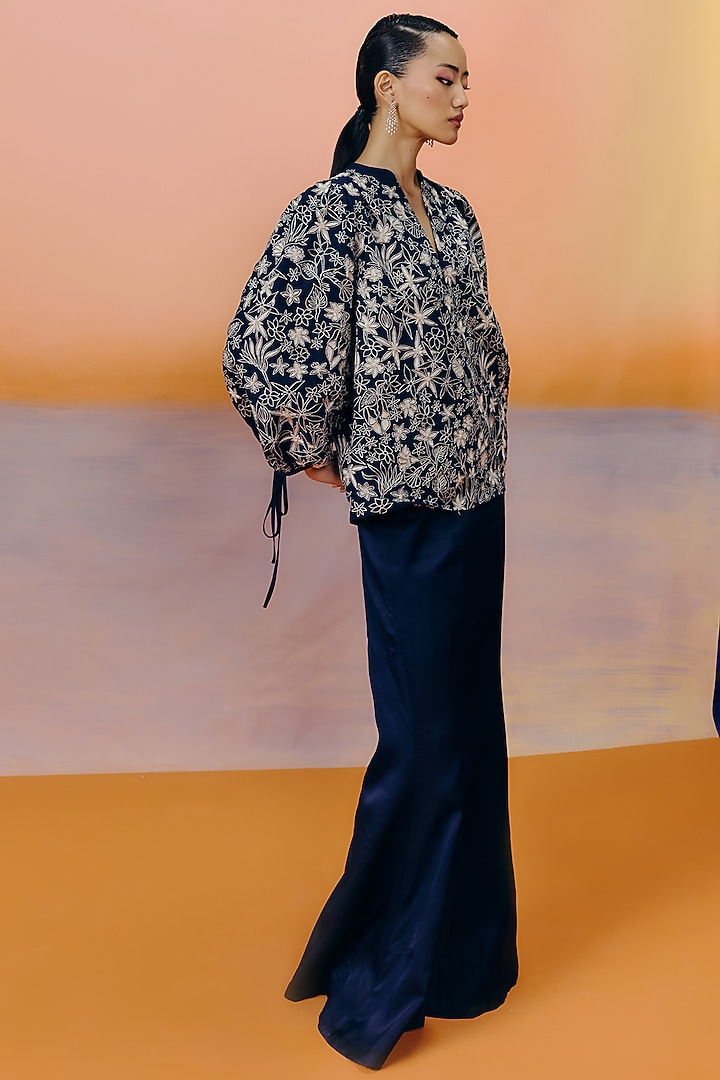 Navy Blue Dupion Silk & Satin Pant Set by Mishru at Pernia's Pop Up Shop