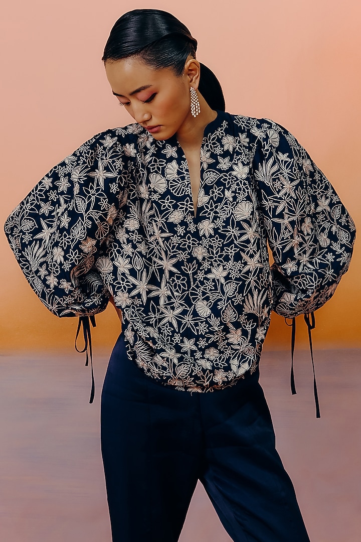 Navy Blue Dupion Silk & Satin Pant Set by Mishru at Pernia's Pop Up Shop