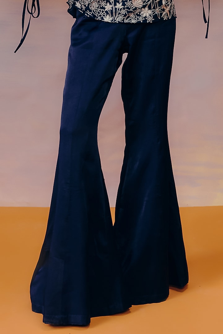 Navy Blue Dupion Silk & Satin Pant Set by Mishru at Pernia's Pop Up Shop