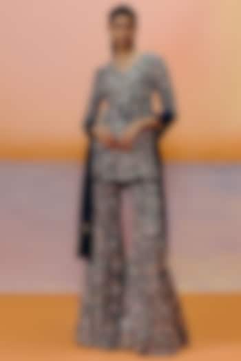 Navy Blue Organza Floral Embroidered Bridal Sharara Set by Mishru at Pernia's Pop Up Shop