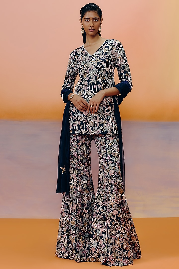 Navy Blue Organza Floral Embroidered Bridal Sharara Set by Mishru at Pernia's Pop Up Shop