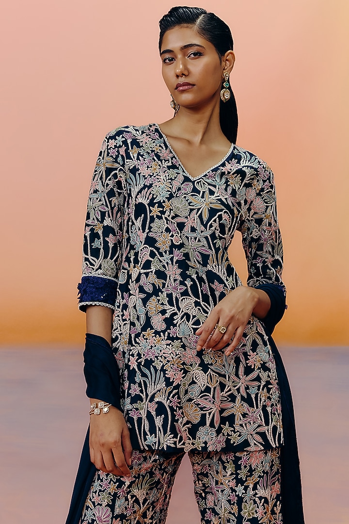 Navy Blue Organza Floral Embroidered Bridal Sharara Set by Mishru at Pernia's Pop Up Shop