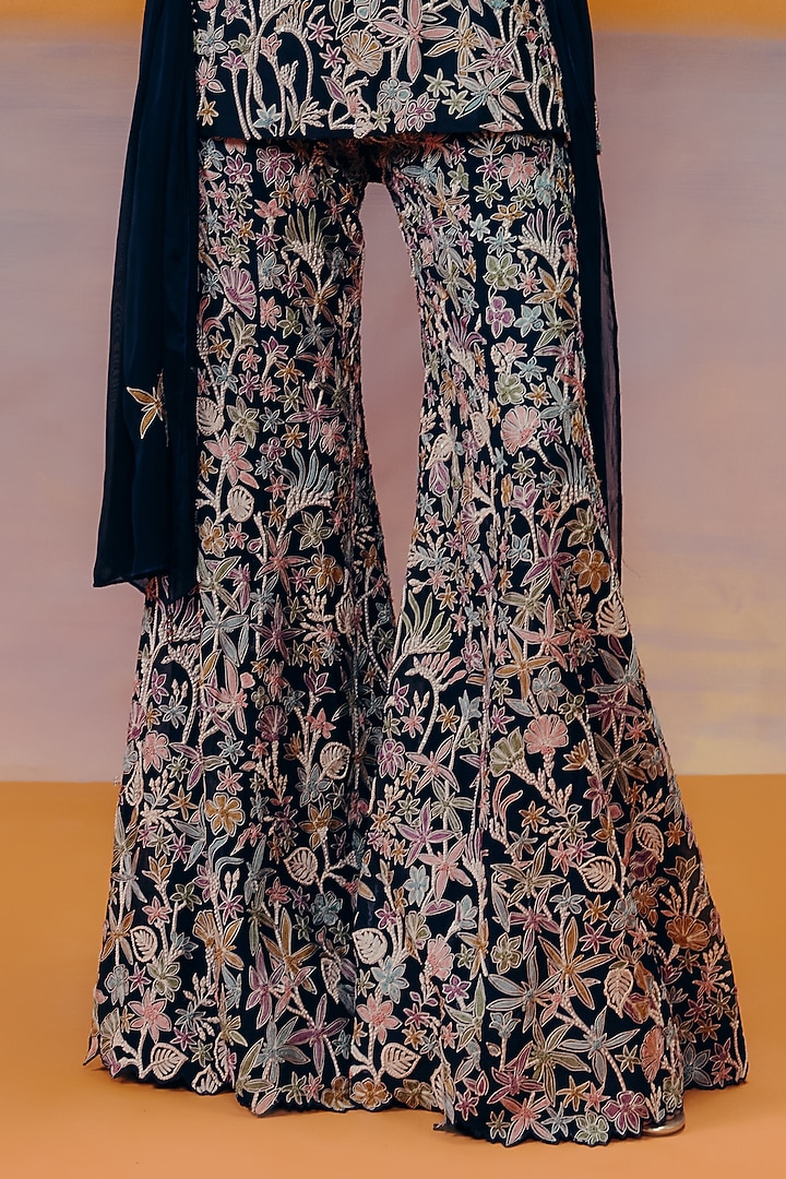 Navy Blue Organza Floral Embroidered Bridal Sharara Set by Mishru at Pernia's Pop Up Shop