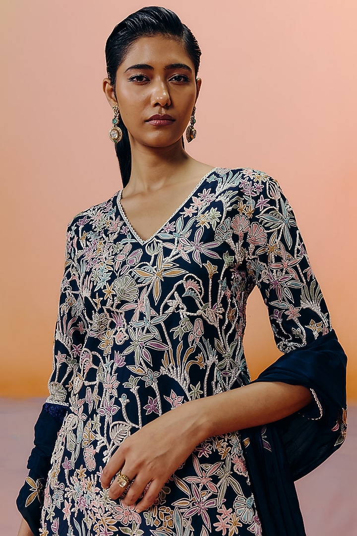 Navy Blue Organza Floral Embroidered Bridal Sharara Set by Mishru at Pernia's Pop Up Shop