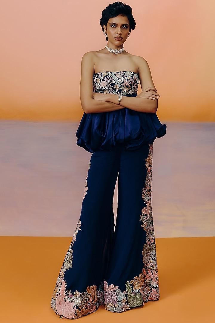 Navy Blue Organza Floral Embroidered Kalidar Pant Set by Mishru at Pernia's Pop Up Shop