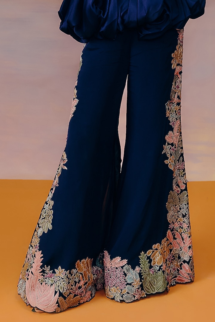 Navy Blue Organza Floral Embroidered Kalidar Pant Set by Mishru at Pernia's Pop Up Shop