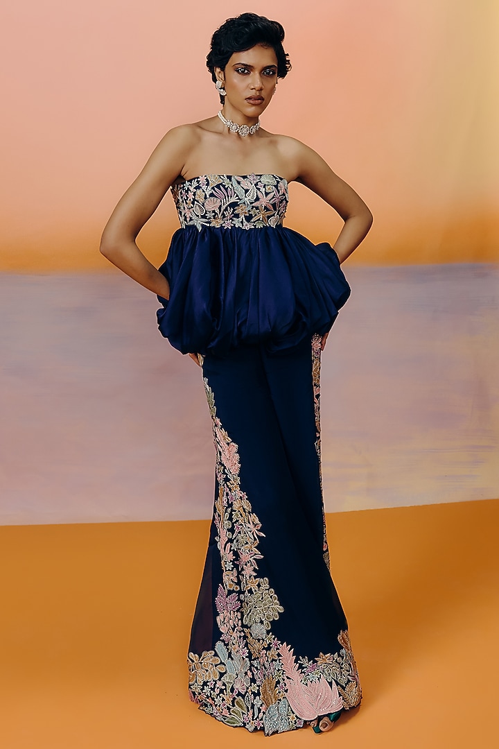Navy Blue Organza Floral Embroidered Kalidar Pant Set by Mishru at Pernia's Pop Up Shop