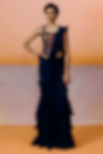 Navy Blue Organza Ruffled Reception Saree Set by Mishru at Pernia's Pop Up Shop