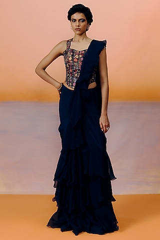 Navy Blue Organza Ruffled Saree Set by Mishru