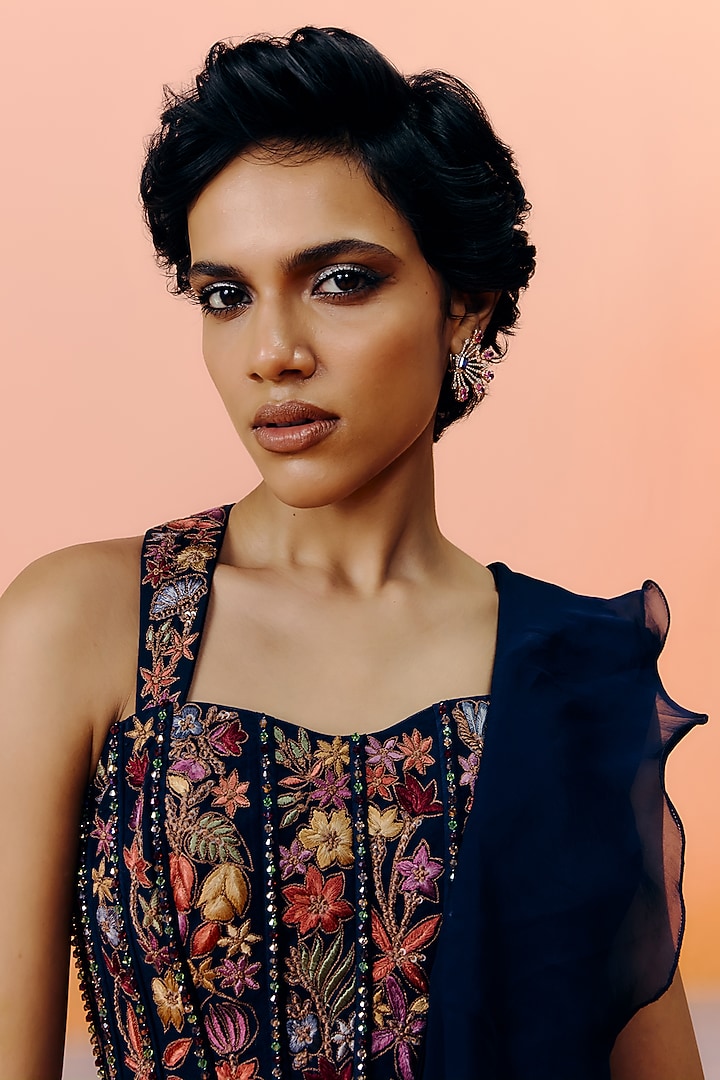 Navy Blue Organza Ruffled Reception Saree Set by Mishru at Pernia's Pop Up Shop