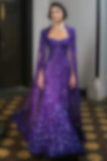 Purple Tulle Floral Embroidered Bridal Gown With Cape by Mishru at Pernia's Pop Up Shop