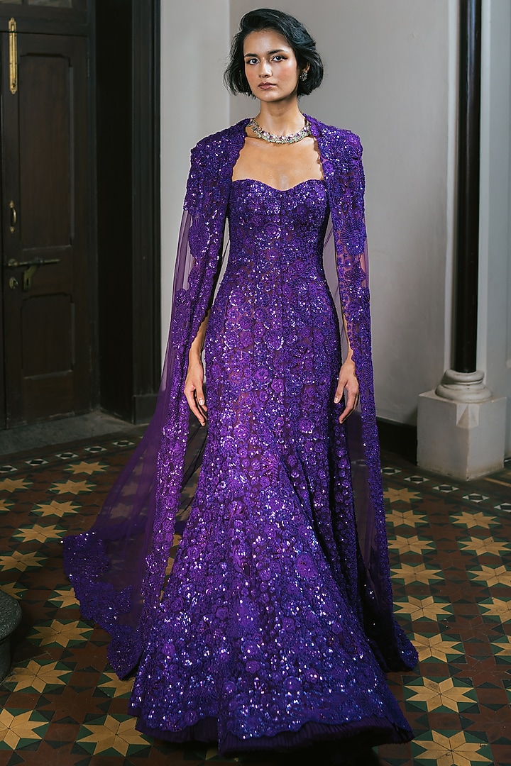 Purple Tulle Floral Embroidered Bridal Gown With Cape by Mishru at Pernia's Pop Up Shop