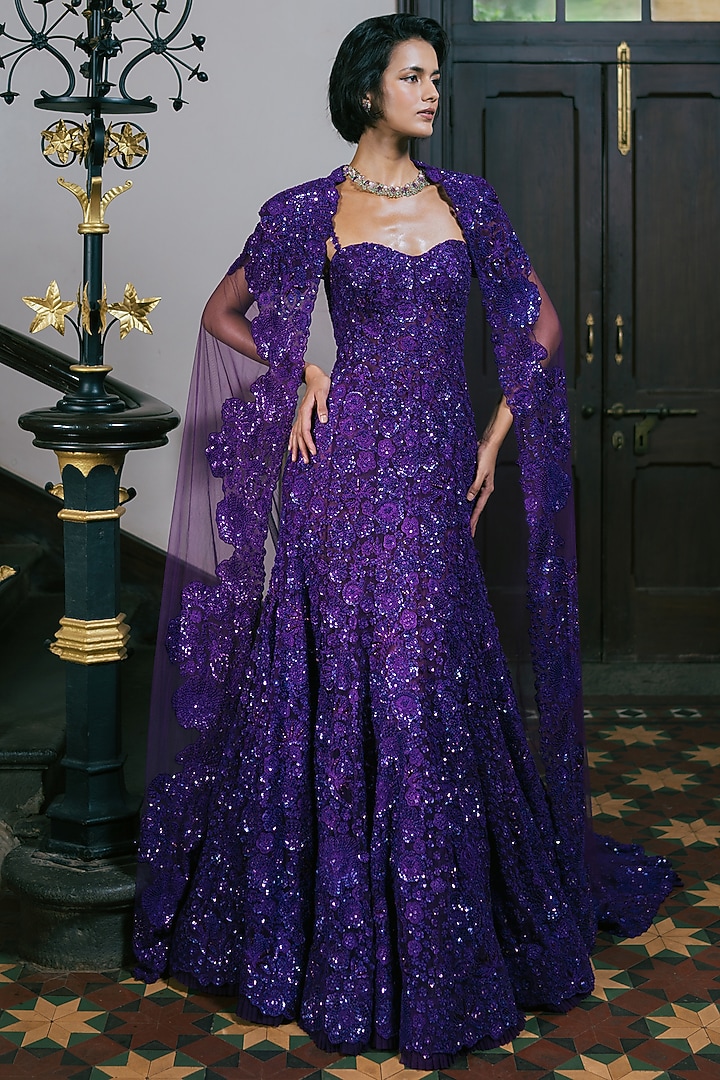 Purple Tulle Floral Embroidered Bridal Gown With Cape by Mishru at Pernia's Pop Up Shop