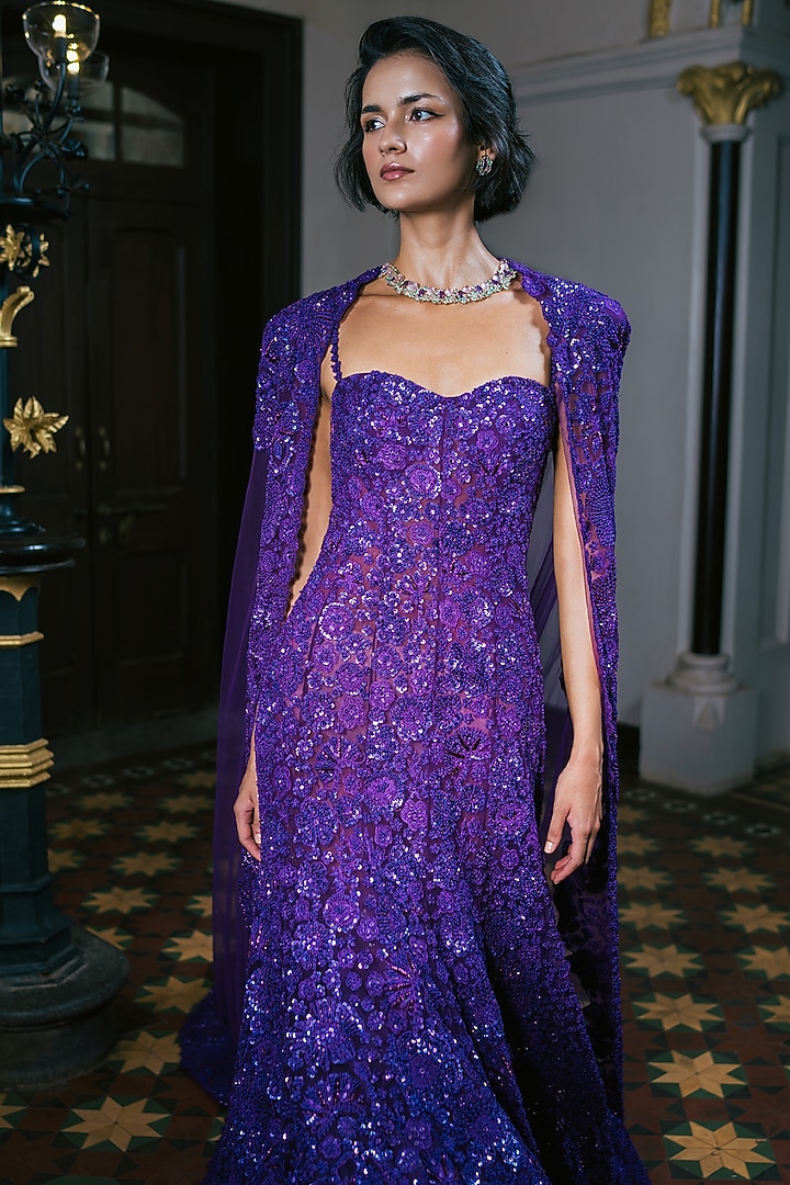 Purple Tulle Floral Embroidered Bridal Gown With Cape by Mishru at Pernia's Pop Up Shop