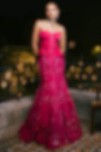 Fuchsia Tulle & Satin Floral Embroidered Fish-Cut Skirt Set by Mishru at Pernia's Pop Up Shop