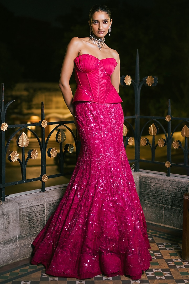 Fuchsia Tulle & Satin Floral Embroidered Fish-Cut Skirt Set by Mishru at Pernia's Pop Up Shop