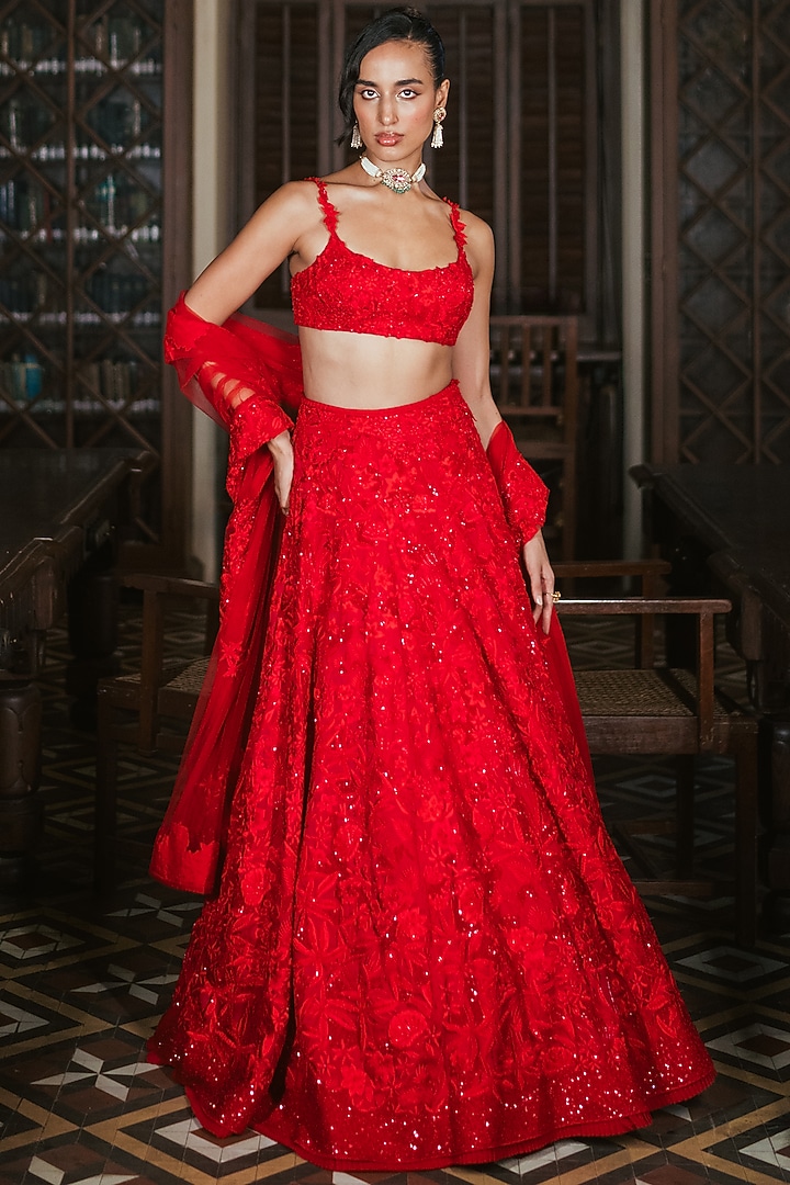 Red Organza Floral & Sequin Embroidered Bridal Lehenga Set by Mishru at Pernia's Pop Up Shop