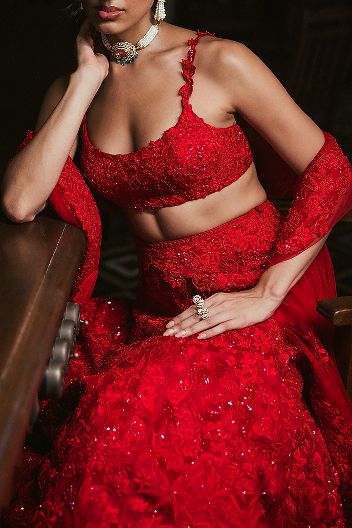 Red Organza Floral & Sequin Embroidered Bridal Lehenga Set by Mishru at Pernia's Pop Up Shop