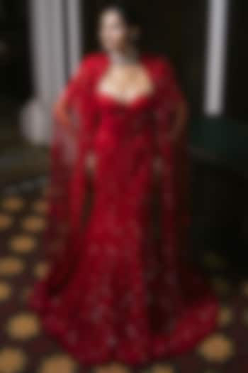 Red Tulle Floral Embroidered Skirt Set by Mishru at Pernia's Pop Up Shop