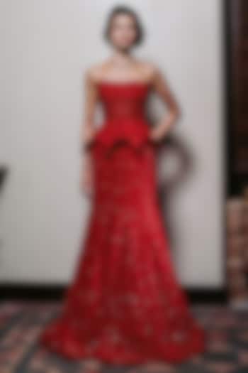 Red Organza Floral & Mirror Embroidered Skirt Set by Mishru at Pernia's Pop Up Shop