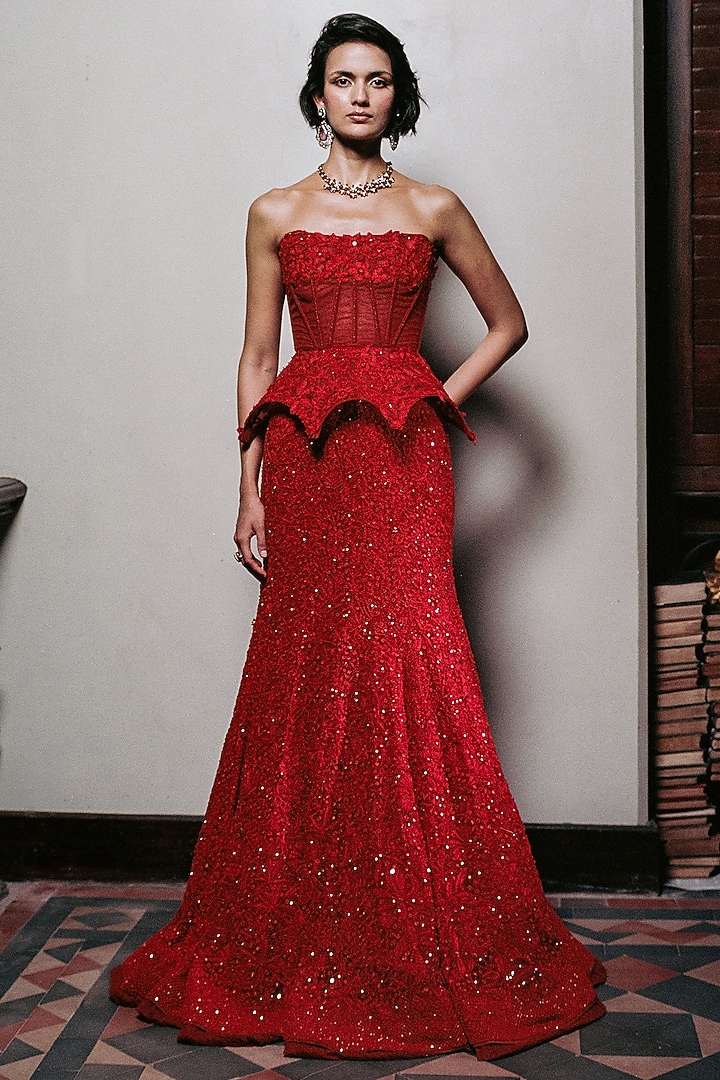 Red Organza Floral & Mirror Embroidered Skirt Set by Mishru at Pernia's Pop Up Shop