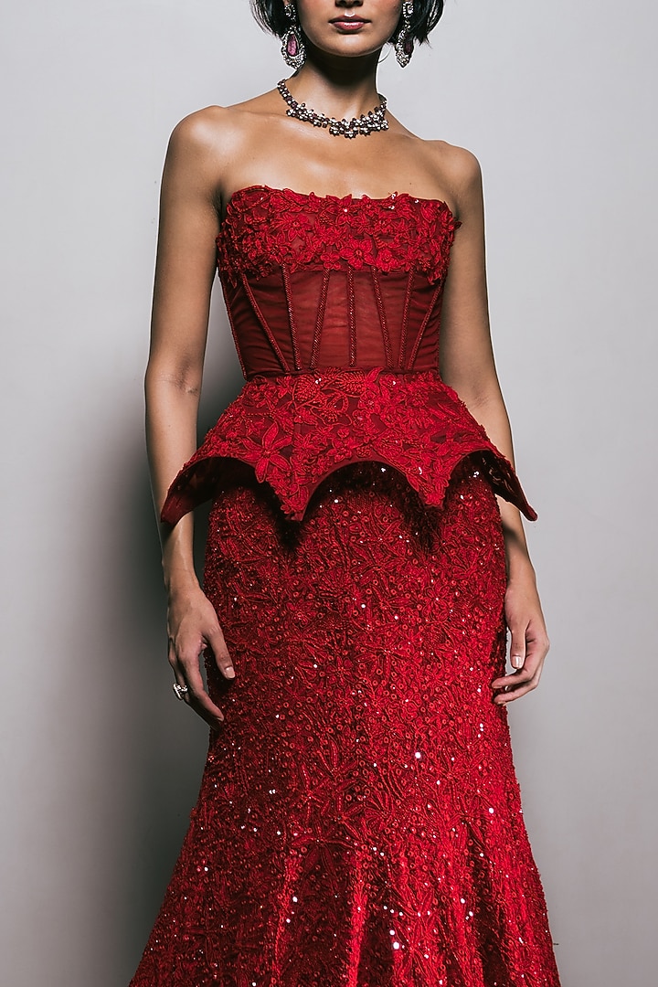 Red Organza Floral & Mirror Embroidered Skirt Set by Mishru at Pernia's Pop Up Shop