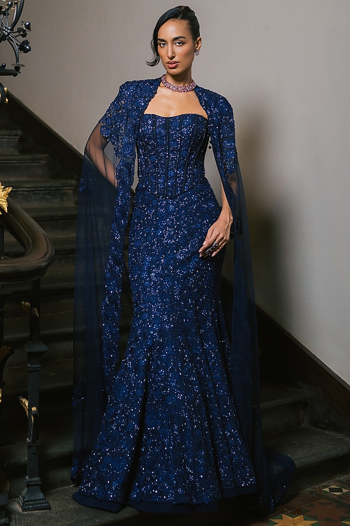 Navy Blue Tulle Embroidered Fish-Cut Skirt Set by Mishru at Pernia's Pop Up Shop