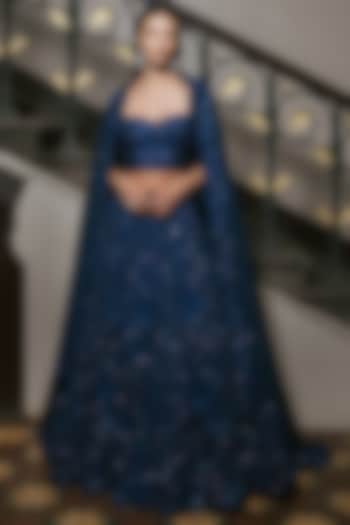 Navy Blue Organza Sequin Embroidered Bridal Lehenga Set by Mishru at Pernia's Pop Up Shop
