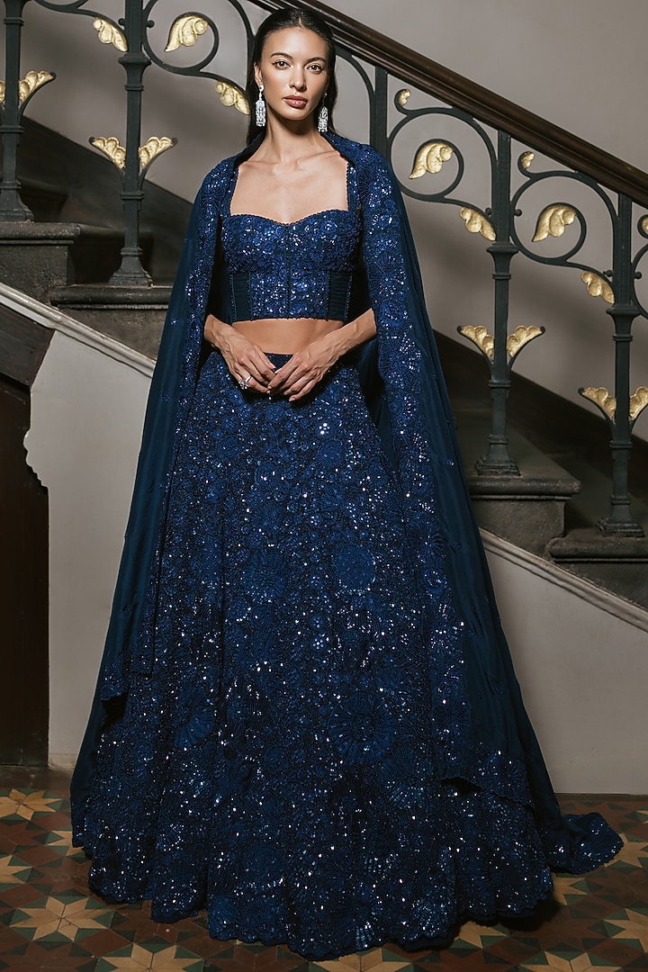 Navy Blue Organza Sequin Embroidered Bridal Lehenga Set by Mishru at Pernia's Pop Up Shop