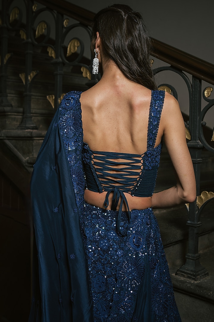 Navy Blue Organza Sequin Embroidered Bridal Lehenga Set by Mishru at Pernia's Pop Up Shop