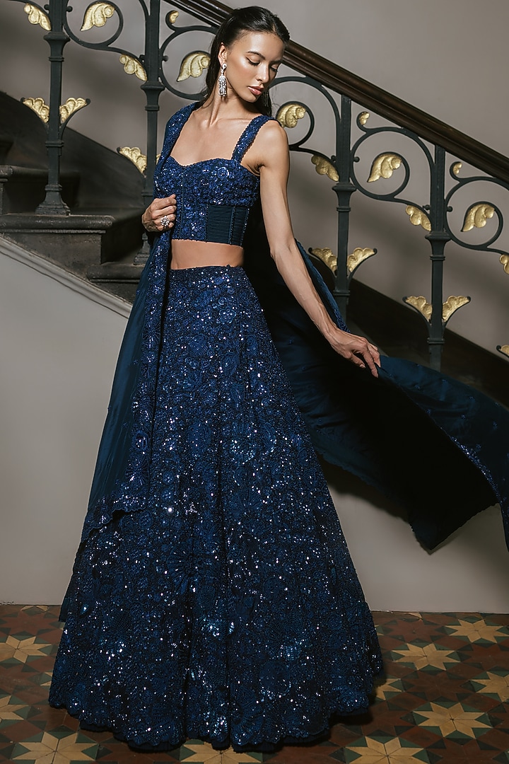 Navy Blue Organza Sequin Embroidered Bridal Lehenga Set by Mishru at Pernia's Pop Up Shop