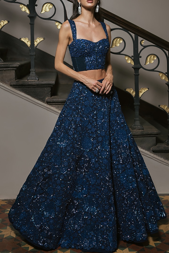 Navy Blue Organza Sequin Embroidered Bridal Lehenga Set by Mishru at Pernia's Pop Up Shop