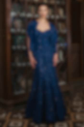 Ink Blue Organza & Chiffon Floral Embroidered Bridal Gown by Mishru at Pernia's Pop Up Shop