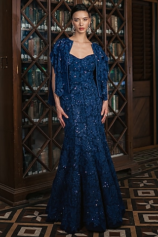 Ink Blue Organza & Chiffon Floral Embroidered Gown by Mishru