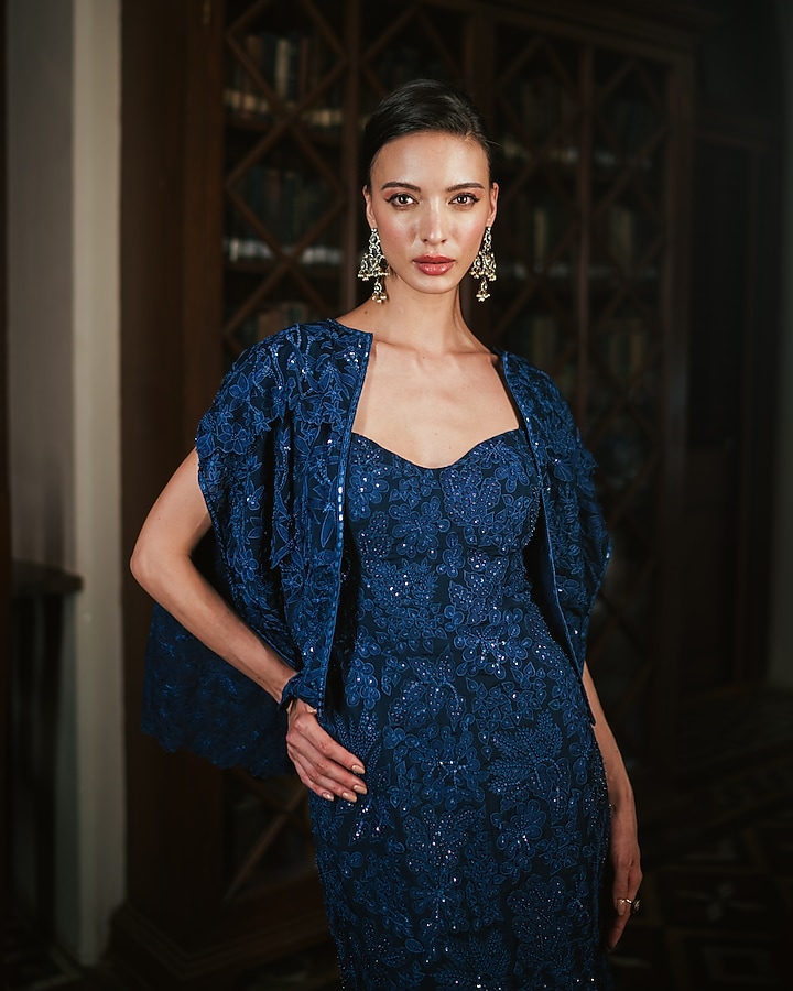 Ink Blue Organza & Chiffon Floral Embroidered Bridal Gown by Mishru at Pernia's Pop Up Shop