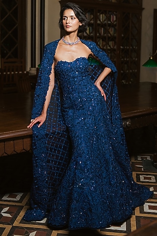 Ink Blue Organza & Tulle Floral Embroidered Gown by Mishru