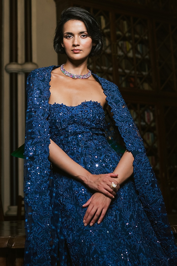 Ink Blue Organza & Tulle Floral Embroidered Bridal Gown by Mishru at Pernia's Pop Up Shop