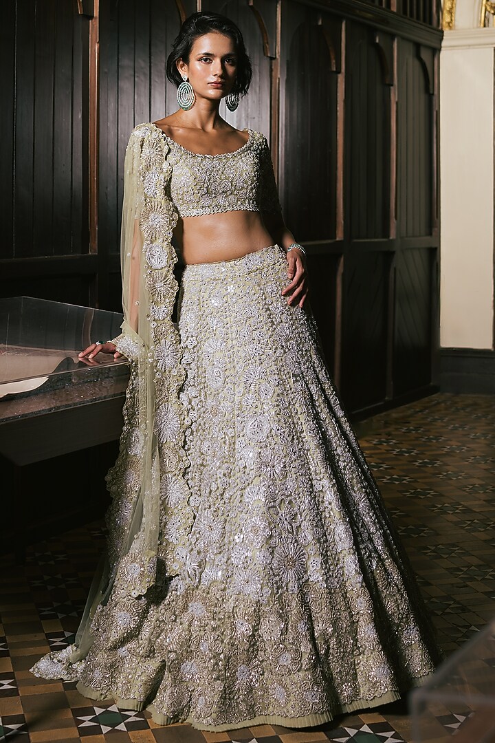 Sage Green Tulle Floral Embroidered Bridal Lehenga Set by Mishru at Pernia's Pop Up Shop