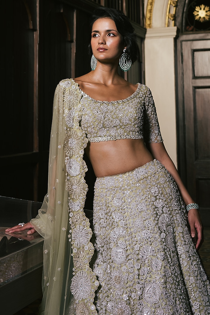 Sage Green Tulle Floral Embroidered Bridal Lehenga Set by Mishru at Pernia's Pop Up Shop