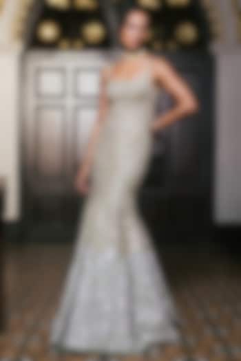 Sage Green Organza Floral Embroidered Bridal Gown by Mishru at Pernia's Pop Up Shop