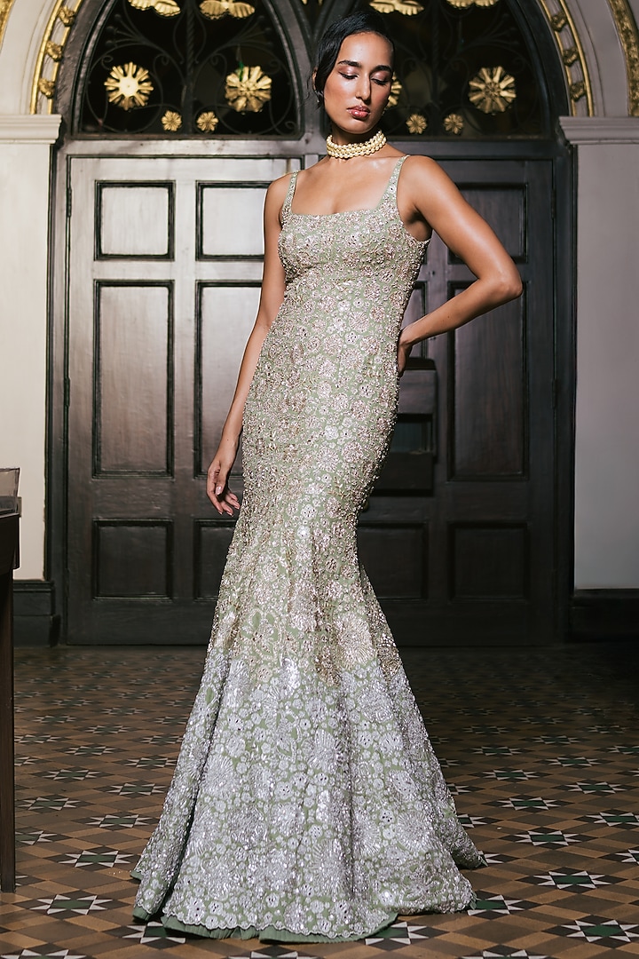 Sage Green Organza Floral Embroidered Bridal Gown by Mishru at Pernia's Pop Up Shop