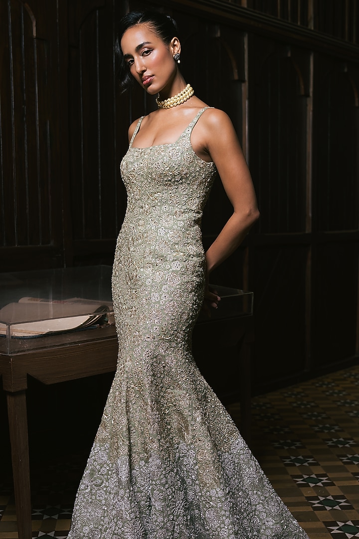 Sage Green Organza Floral Embroidered Bridal Gown by Mishru at Pernia's Pop Up Shop