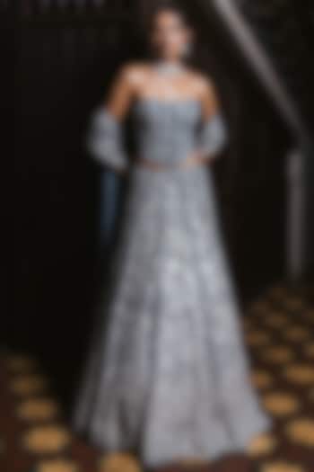 Grey Tulle Metallic & Floral Embroidered Bridal Lehenga Set by Mishru at Pernia's Pop Up Shop