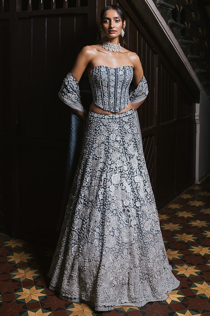Grey Tulle Metallic & Floral Embroidered Bridal Lehenga Set by Mishru at Pernia's Pop Up Shop