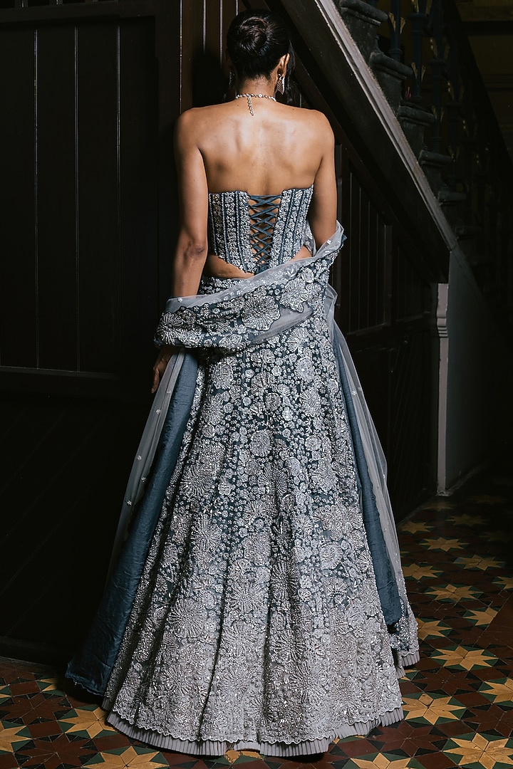 Grey Tulle Metallic & Floral Embroidered Bridal Lehenga Set by Mishru at Pernia's Pop Up Shop