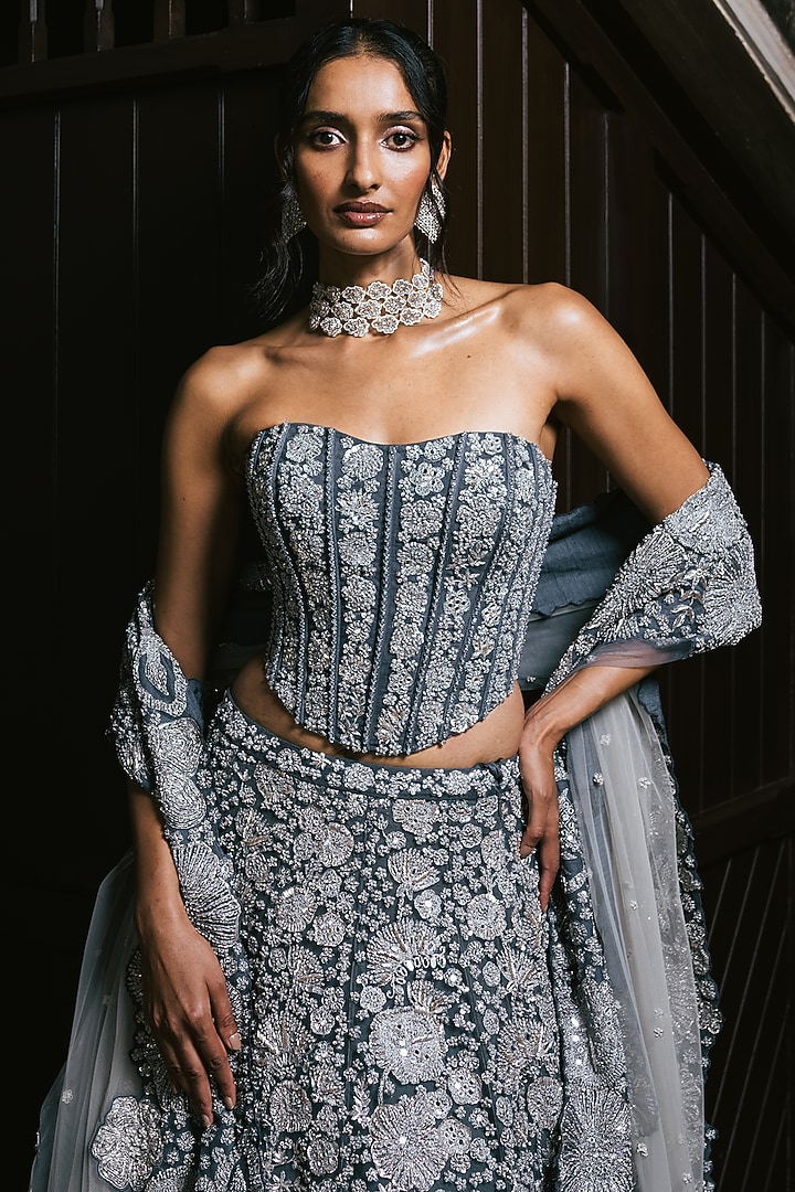 Grey Tulle Metallic & Floral Embroidered Bridal Lehenga Set by Mishru at Pernia's Pop Up Shop
