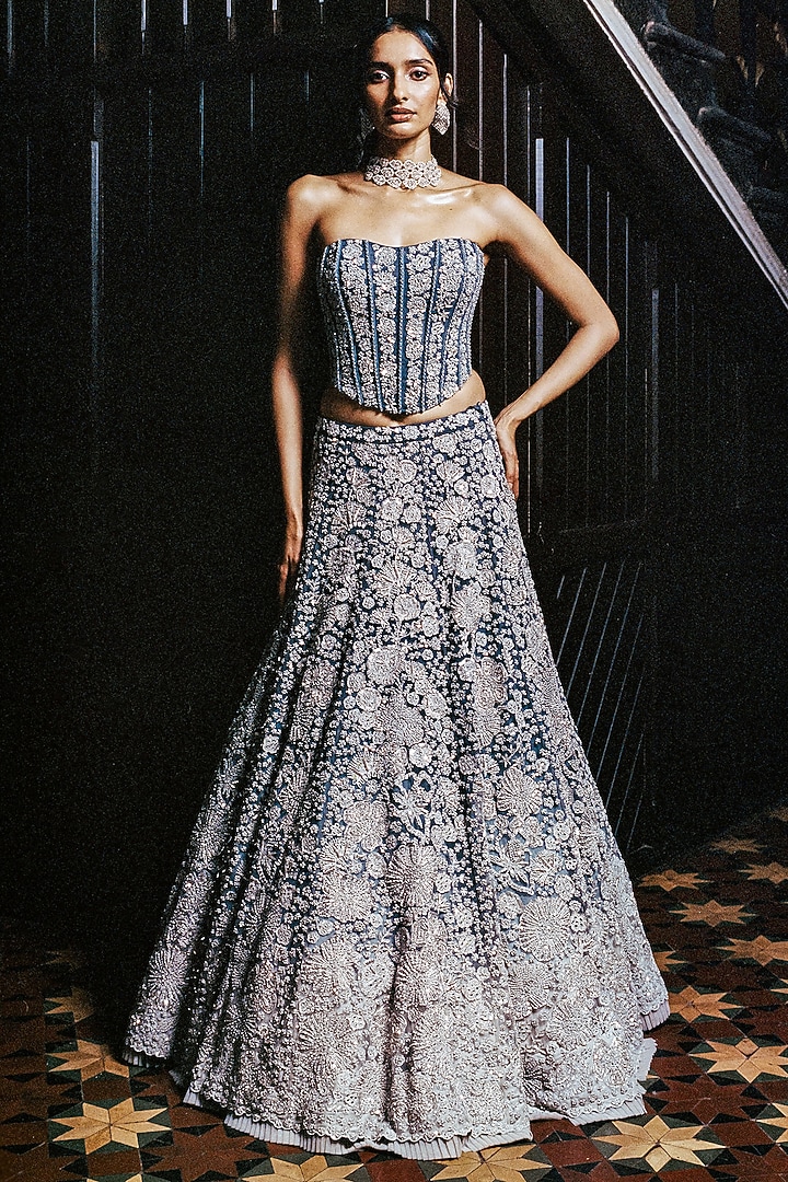 Grey Tulle Metallic & Floral Embroidered Bridal Lehenga Set by Mishru at Pernia's Pop Up Shop