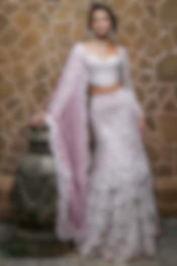 Muted Pink Tulle Metallic & Floral Embroidered Layered Skirt Set by Mishru at Pernia's Pop Up Shop