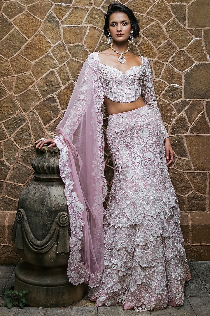 Muted Pink Tulle Metallic & Floral Embroidered Layered Skirt Set by Mishru at Pernia's Pop Up Shop