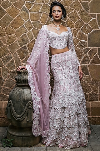 Muted Pink Tulle Metallic & Floral Embroidered Layered Skirt Set by Mishru